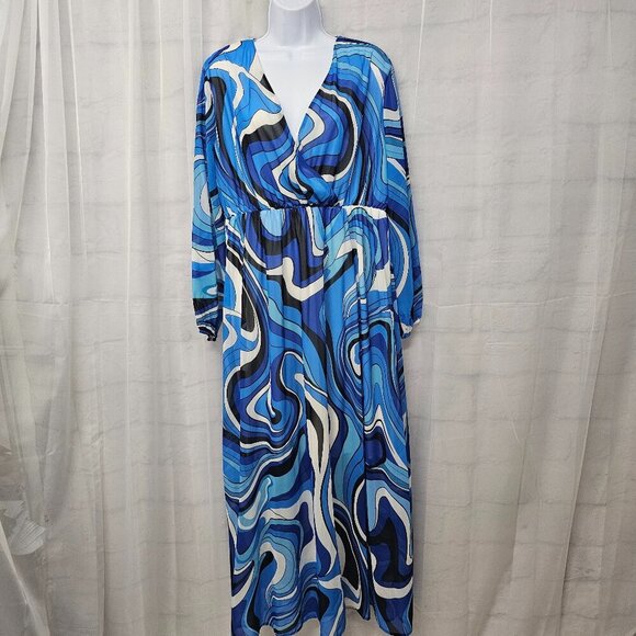 Blue, White Psychedelic Retro Maxi Dress Boho Funky L+ - Picture 1 of 9